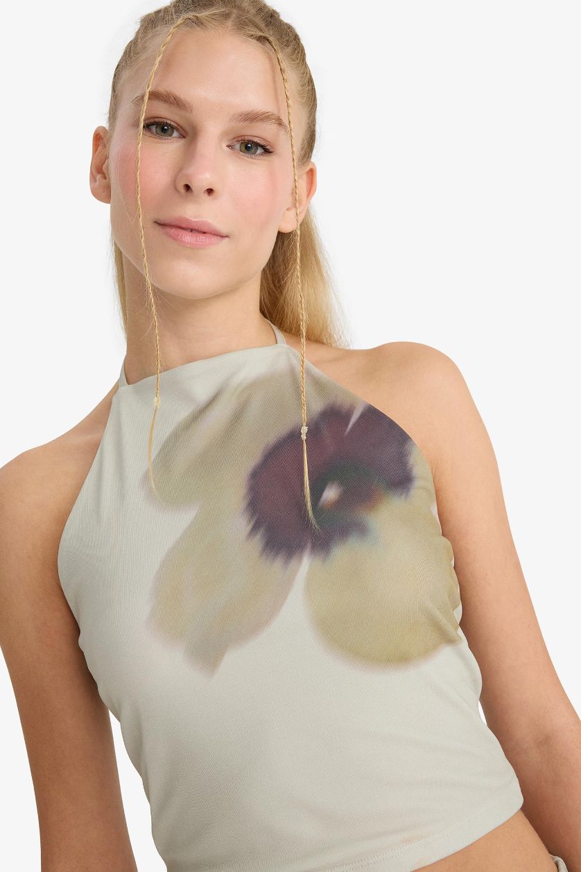 حريمي كاكي بلوزة تول فلورال سليم فيت مطبوع بياقة هالتر