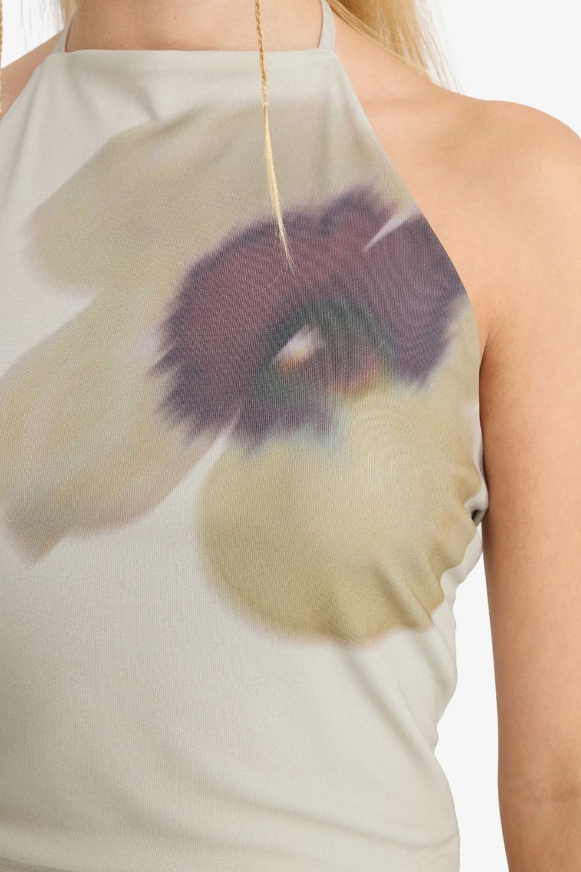 حريمي كاكي بلوزة تول فلورال سليم فيت مطبوع بياقة هالتر