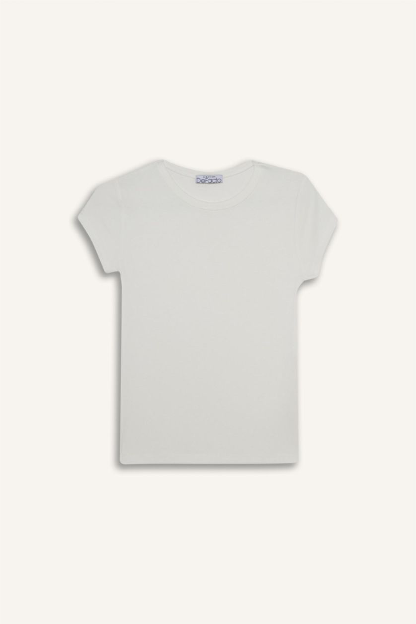 Kadın Ekru Bisiklet Yaka Kısa Kollu Tişört