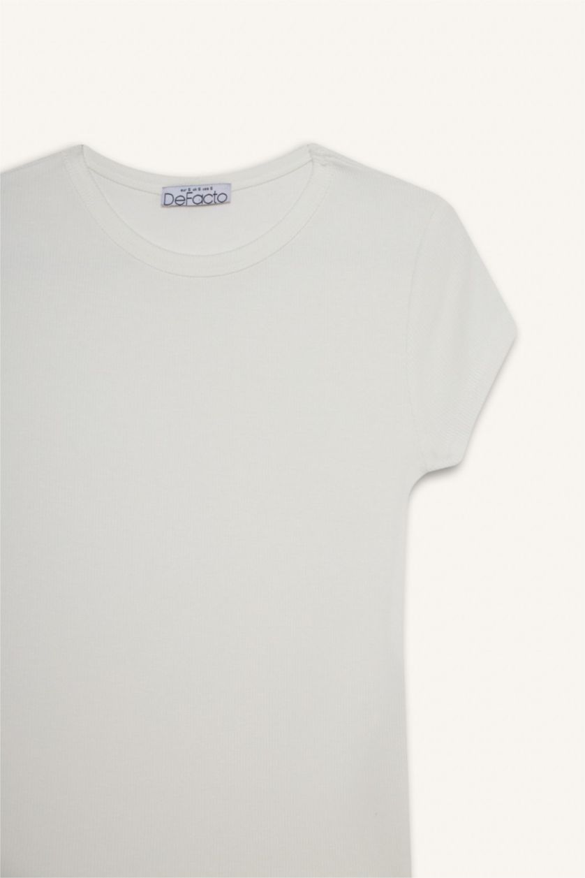 Kadın Ekru Bisiklet Yaka Kısa Kollu Tişört