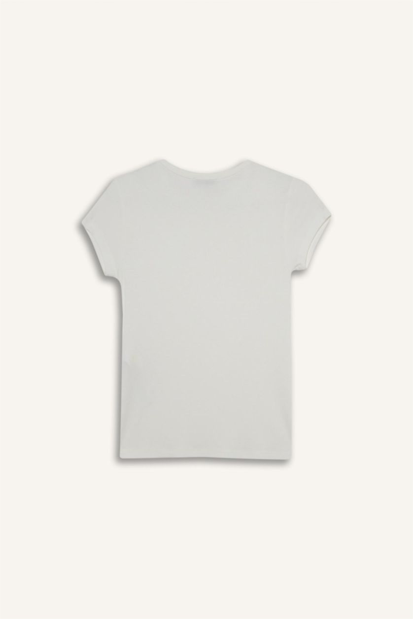 Kadın Ekru Bisiklet Yaka Kısa Kollu Tişört