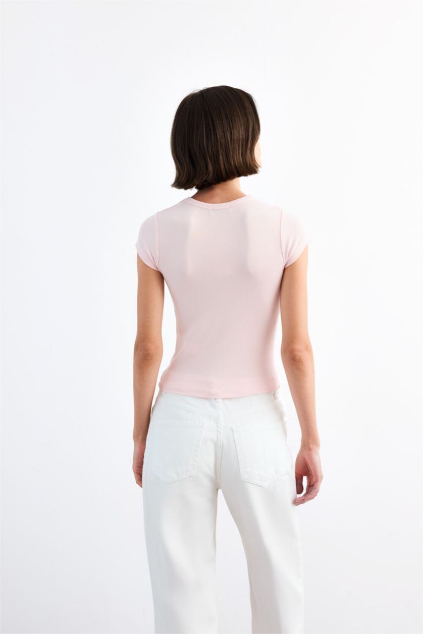 نساء زهري تيشيرت نص ردن بياخة مستديرة