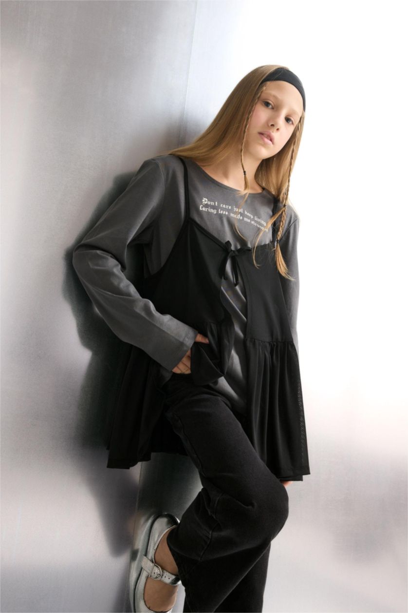 Girls & Teens Anthracite Loose Fit Slogan Long Sleeve T-Shirt