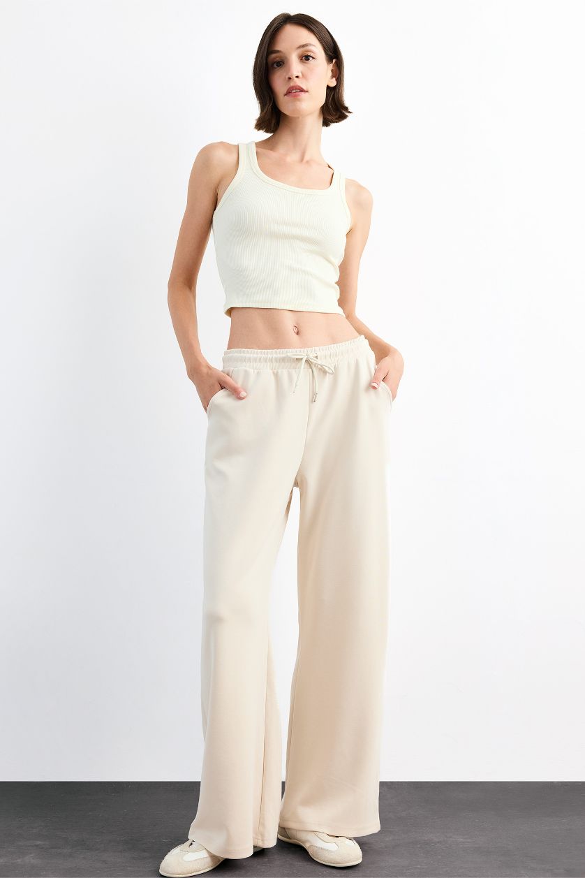Woman Beige Relax Fit Elastic Waist Straight Leg Modal Trousers