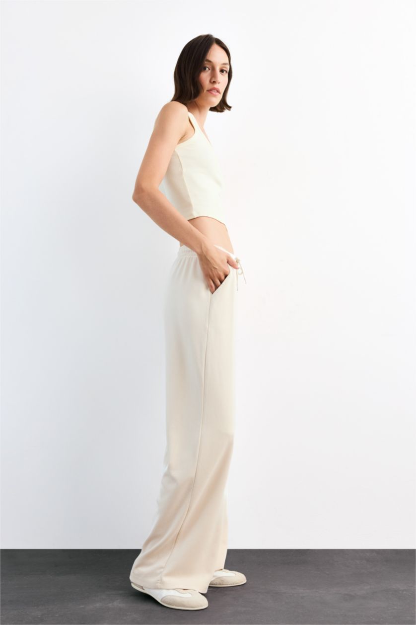 Woman Beige Relax Fit Elastic Waist Straight Leg Modal Trousers