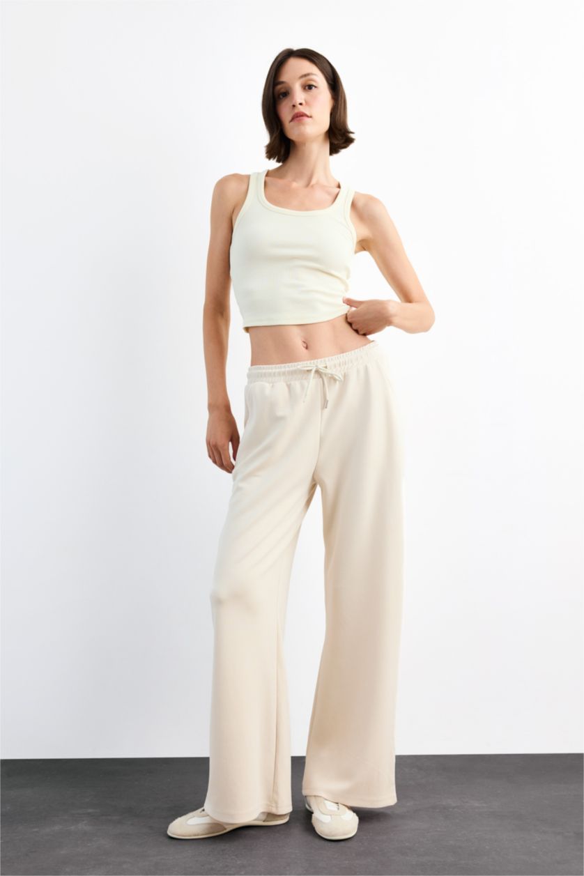 Woman Beige Relax Fit Elastic Waist Straight Leg Modal Trousers