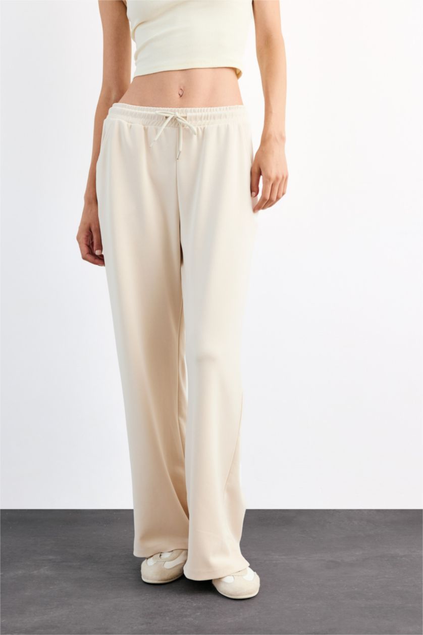 Woman Beige Relax Fit Elastic Waist Straight Leg Modal Trousers