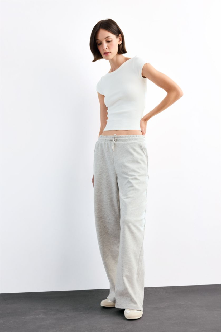 Woman Grey Melange Relax Fit Elastic Waist Straight Leg Modal Trousers