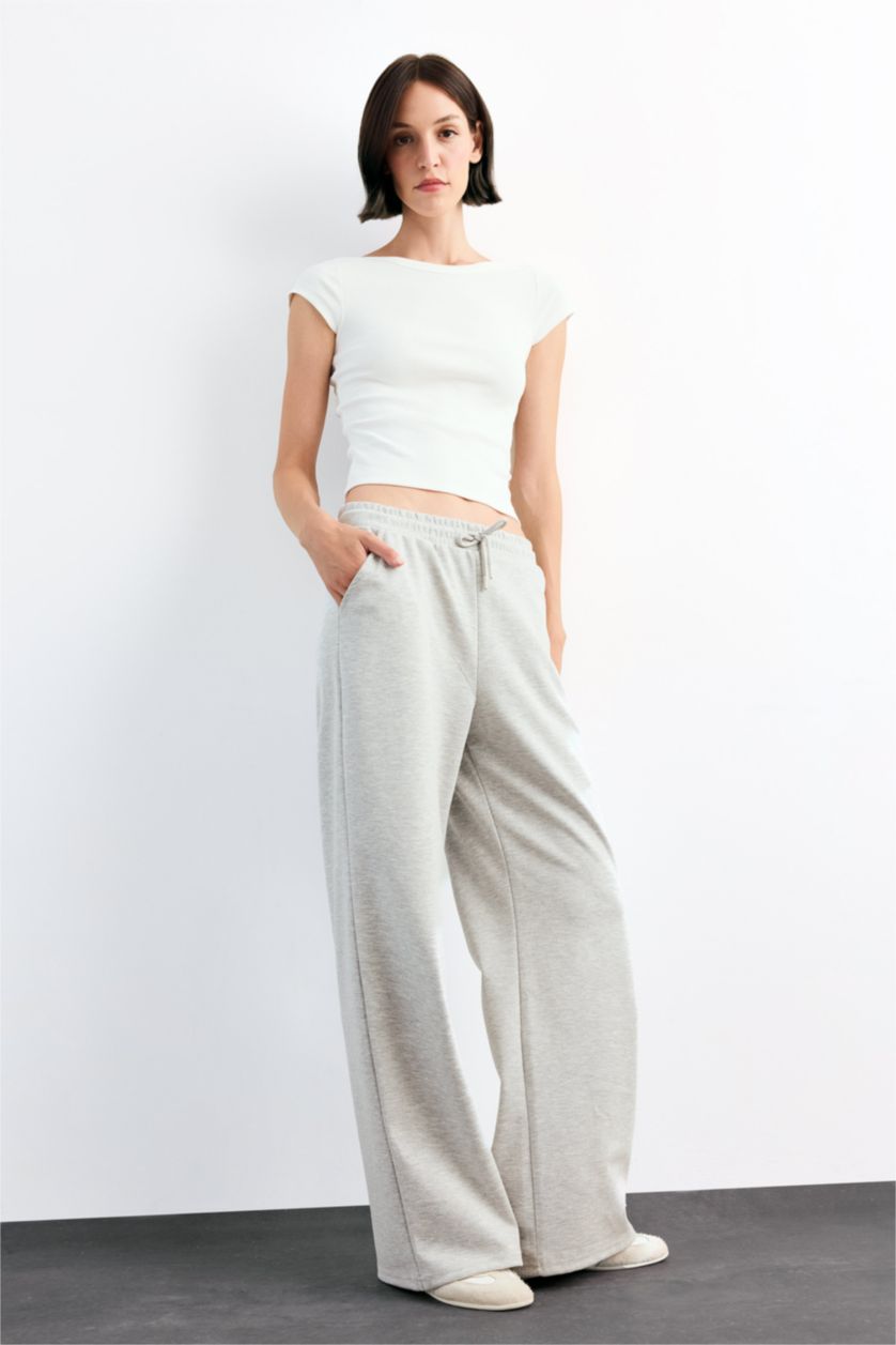 Woman Grey Melange Relax Fit Elastic Waist Straight Leg Modal Trousers