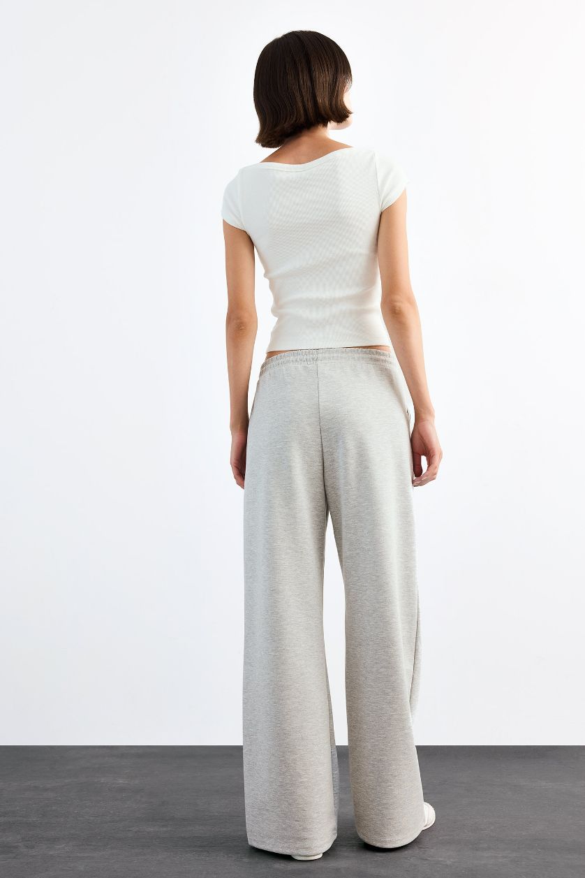 Woman Grey Melange Relax Fit Elastic Waist Straight Leg Modal Trousers
