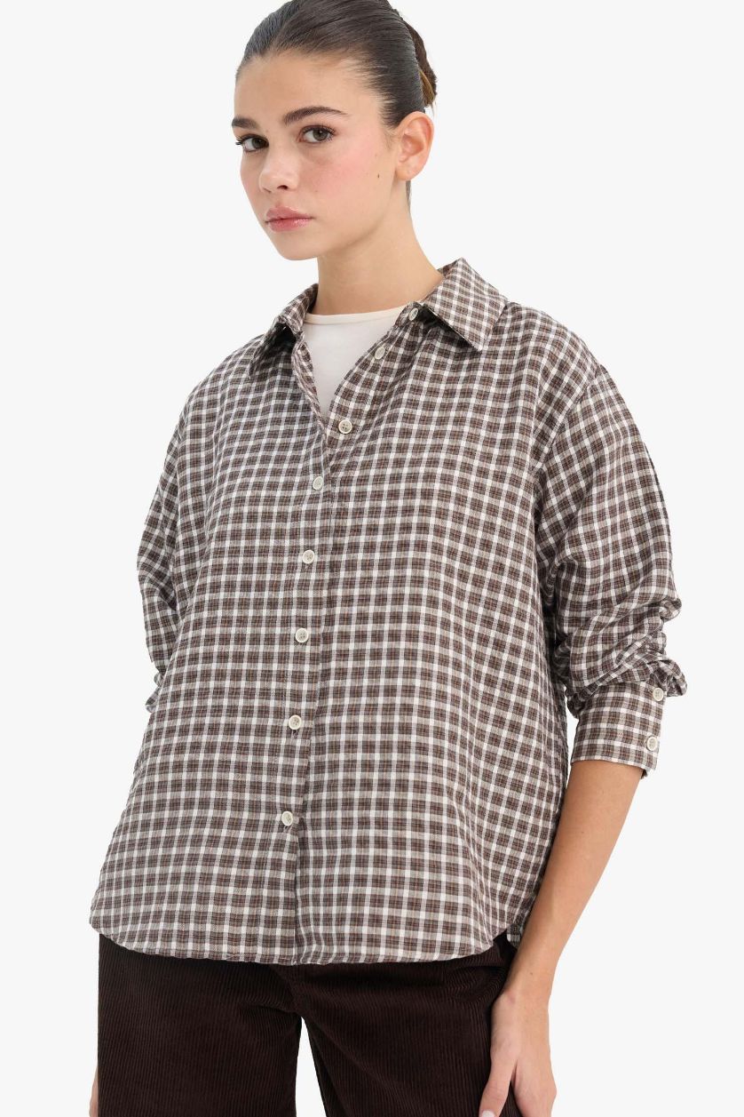 Kadın Kahve Afra x DeFacto Oversize Geniş Kalıp Pötikareli Poplin Uzun Kollu Gömlek