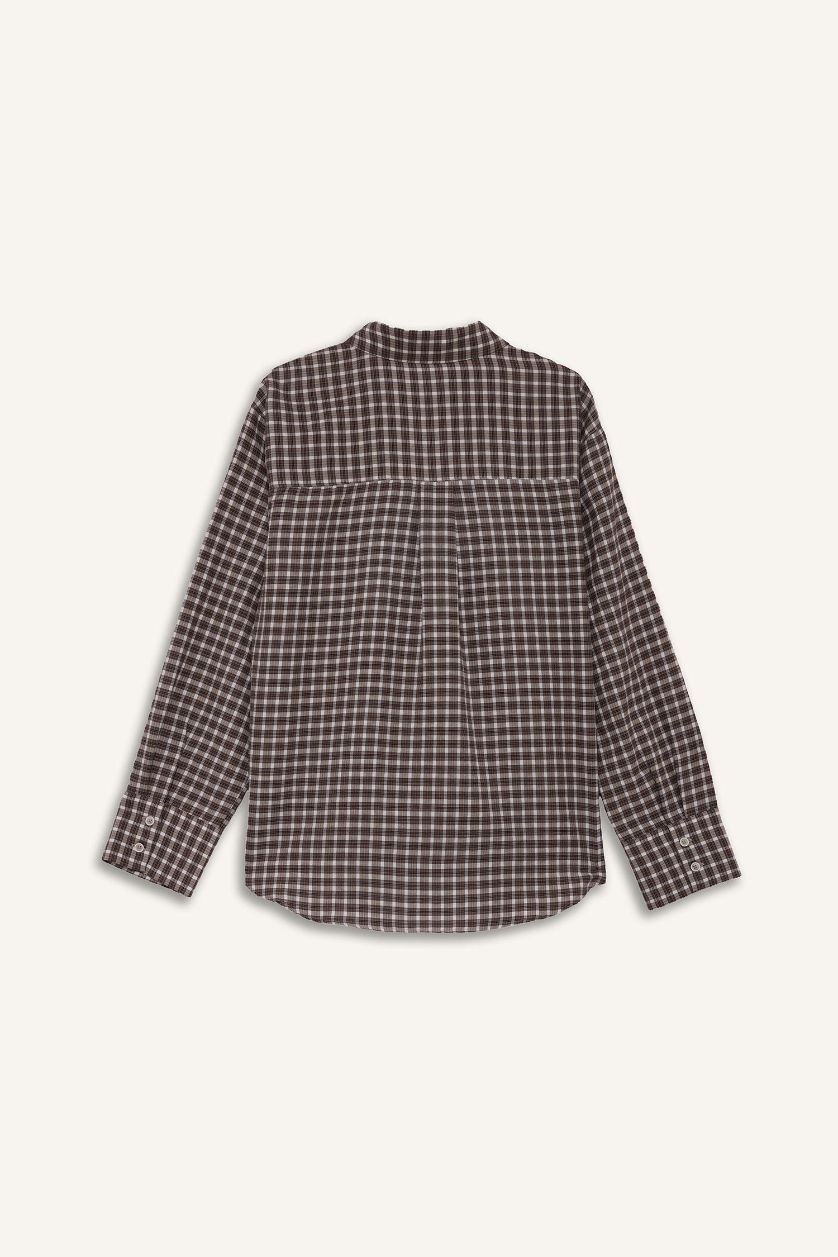 Kadın Kahve Afra x DeFacto Oversize Geniş Kalıp Pötikareli Poplin Uzun Kollu Gömlek