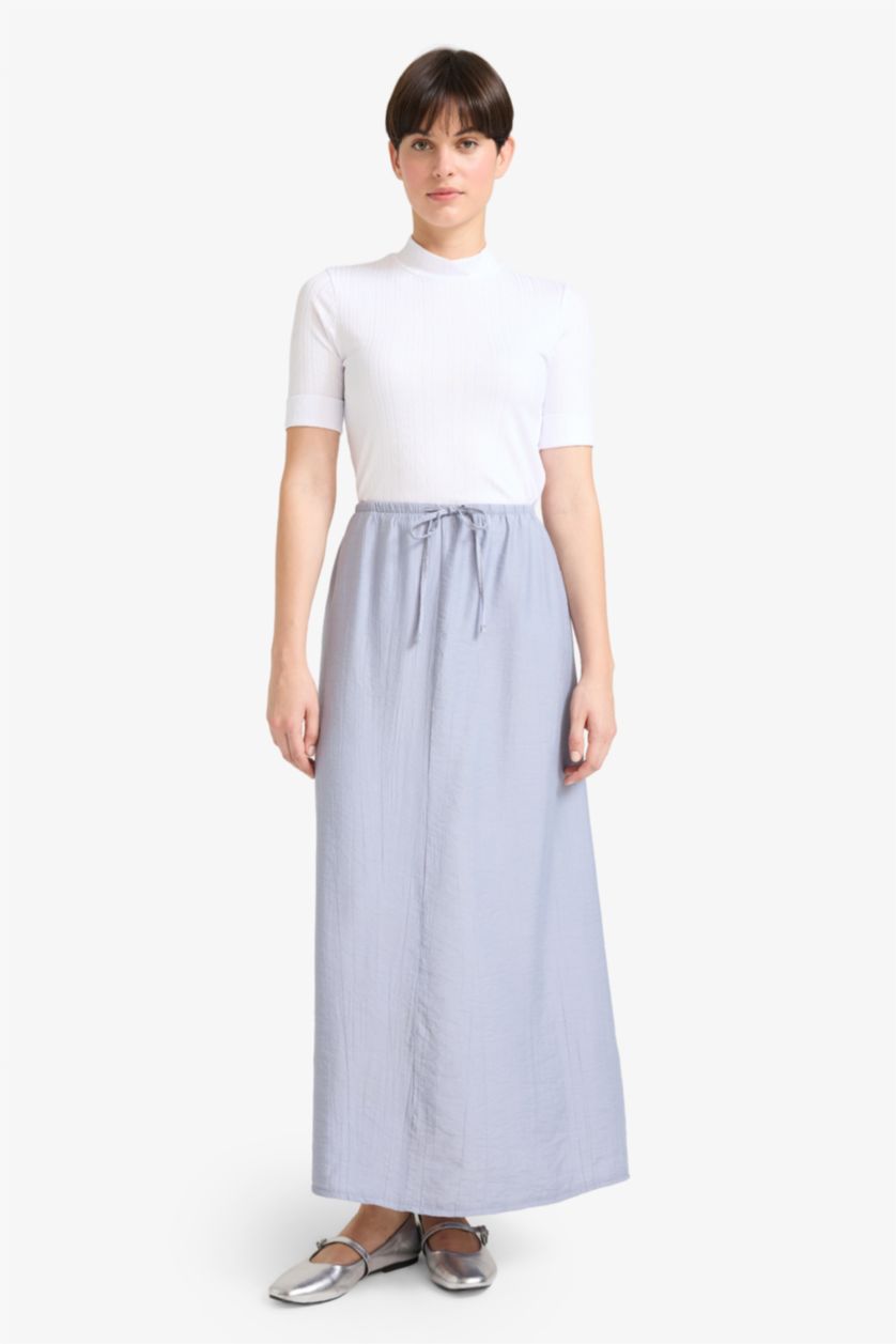 Woman Light Grey Relax Fit Crinkle Fabric Elastic Band Ankle Length Skirt