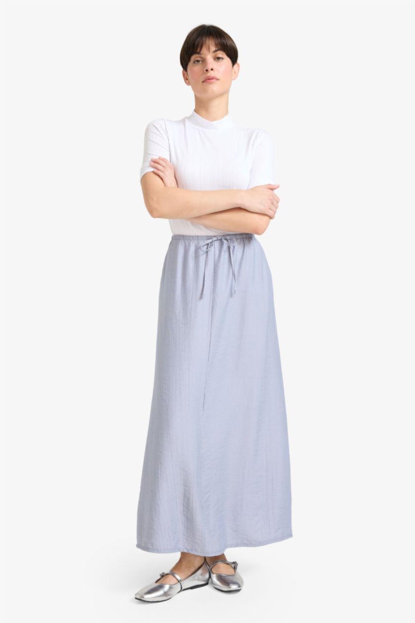 Woman Light Grey Relax Fit Crinkle Fabric Elastic Band Ankle Length Skirt