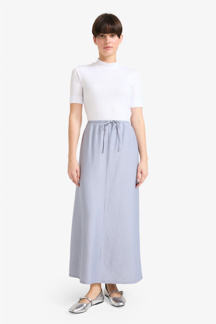 Woman Light Grey Relax Fit Crinkle Fabric Elastic Band Ankle Length Skirt