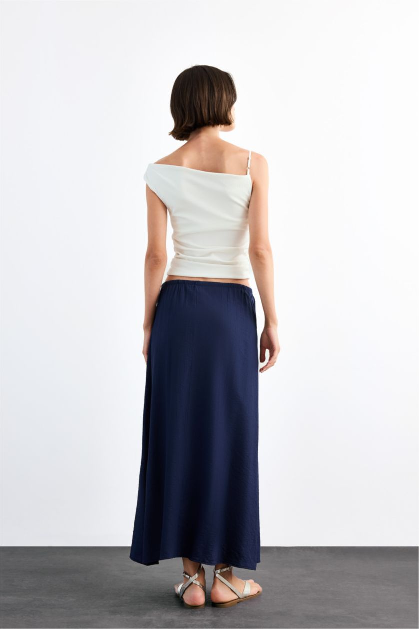 نساء كحلي تنورة ميدي قماش كرنكيل قصة مريحة وخصر مطاطي