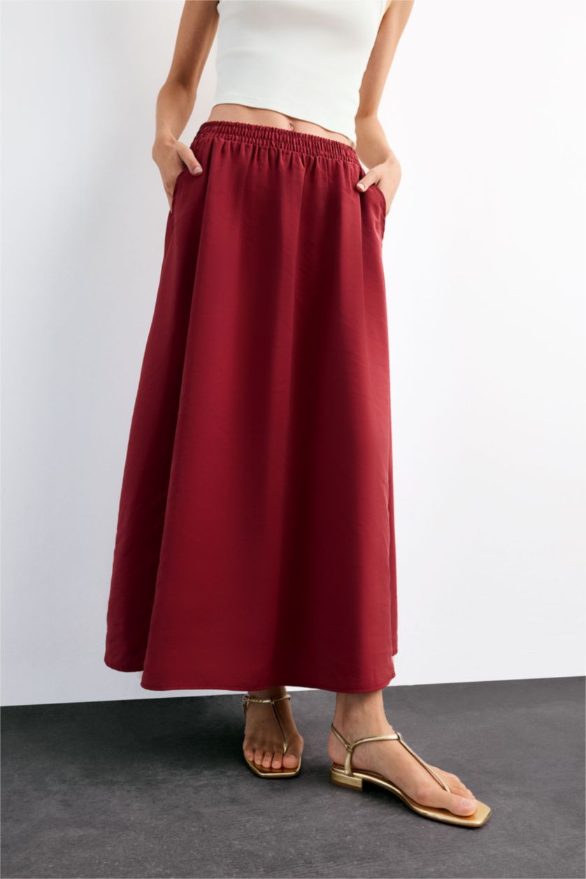 Kadın Bordo A Kesim Normal Bel Midi Etek