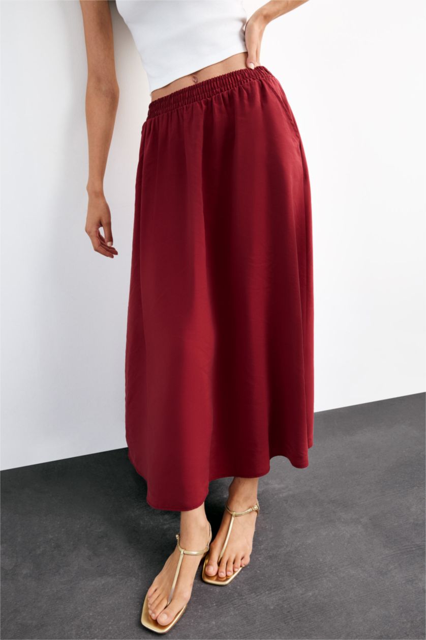 Kadın Bordo A Kesim Normal Bel Midi Etek