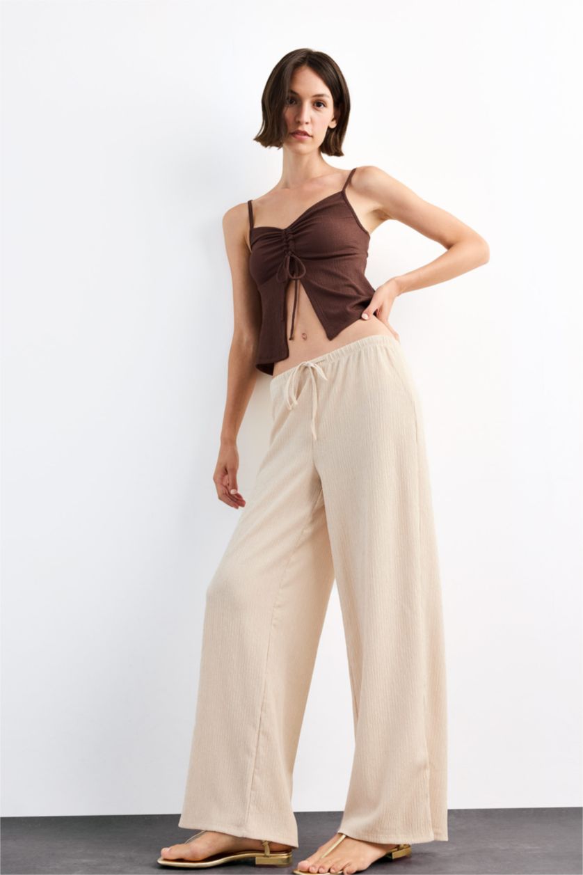 Kadın Bej Relax Fıt Normal Bel Düz Paça Bürümcük Pantolon