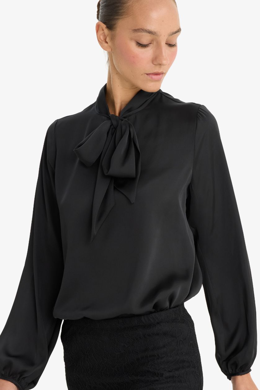 Woman Black Regular Fit V-Neck Satin Blouse