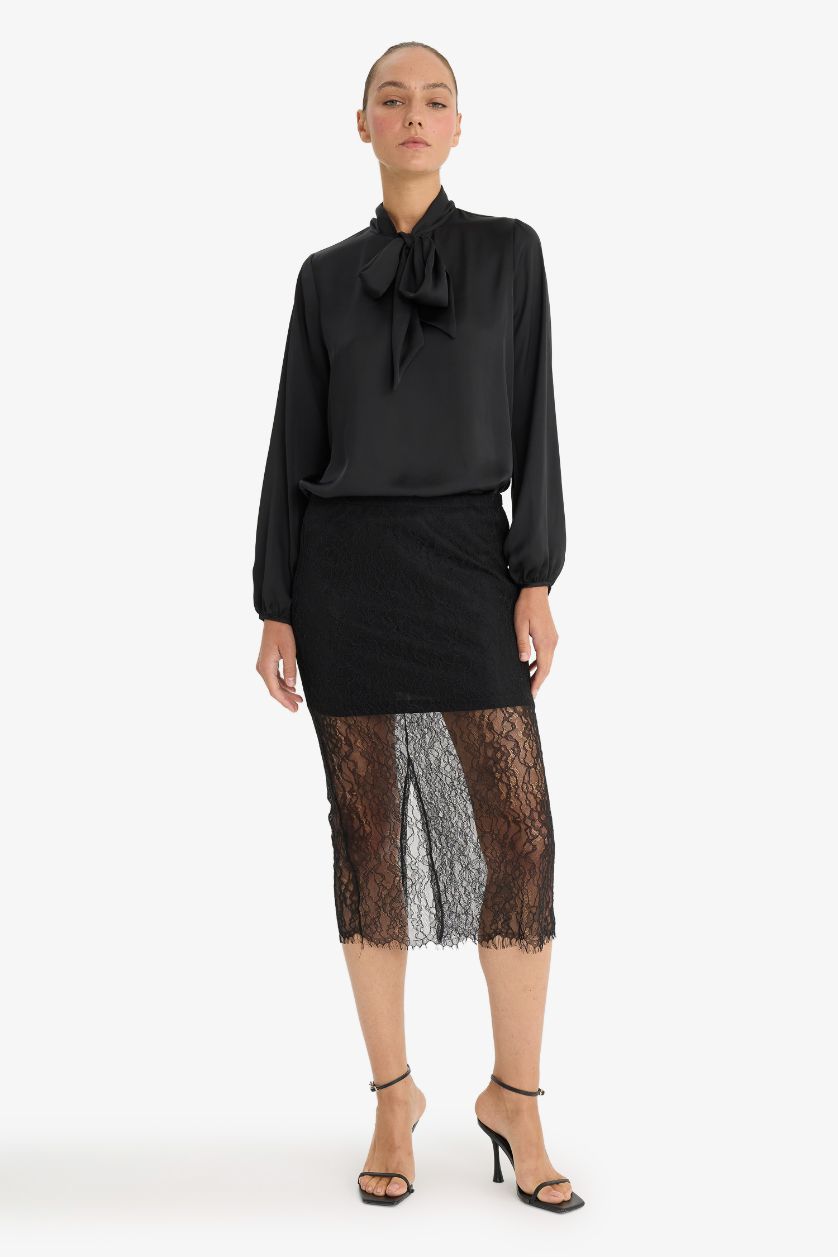 Woman Black Regular Fit V-Neck Satin Blouse