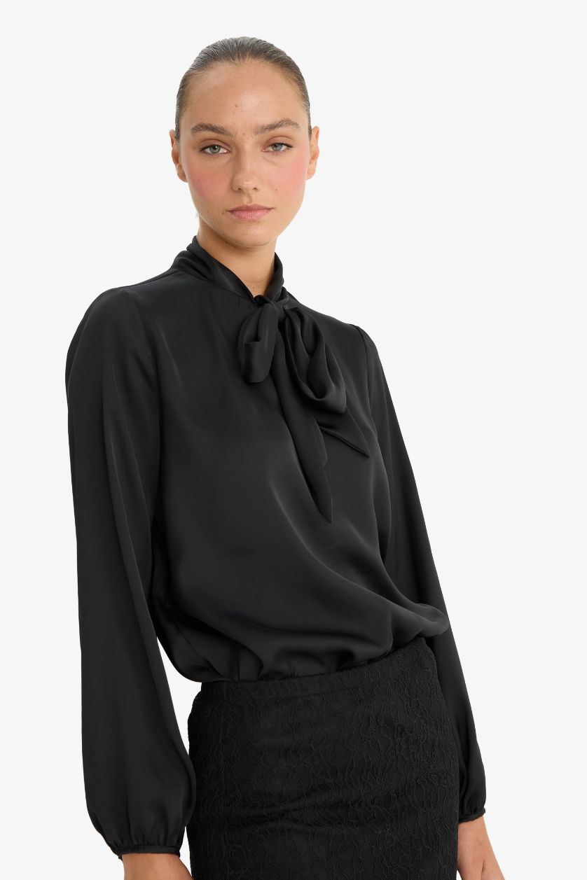 Woman Black Regular Fit V-Neck Satin Blouse