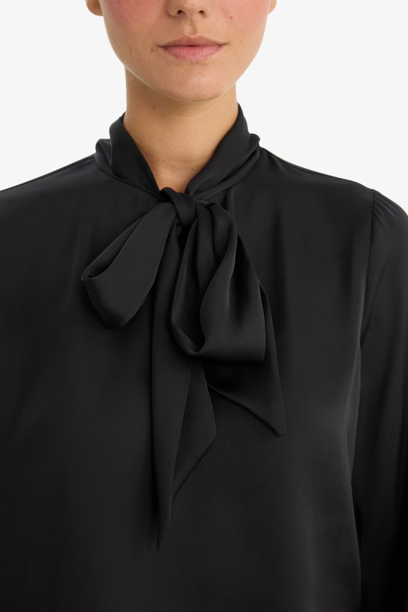 Woman Black Regular Fit V-Neck Satin Blouse