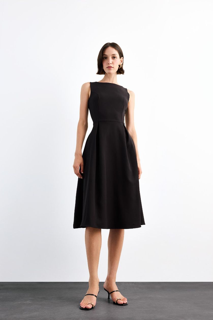 نساء أسود فستان ميدي كت بياخة مستديرة