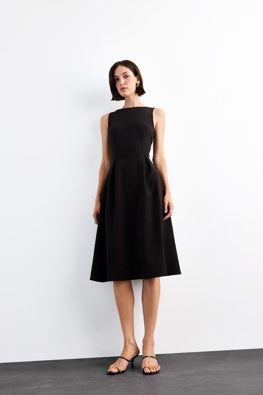 نساء أسود فستان ميدي كت بياخة مستديرة