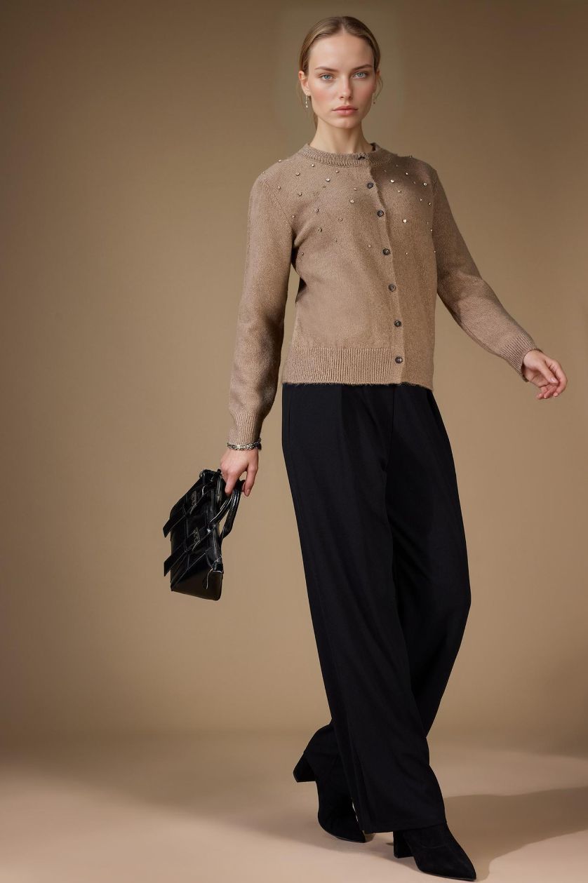 Woman Black Crepe Regular Hem Wide Leg Trousers