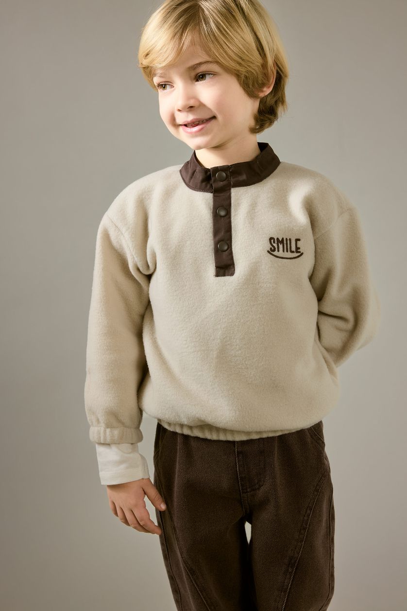 Erkek Bebek Kum Baskılı Düğmeli Polar Sweatshirt Erkek Bebek