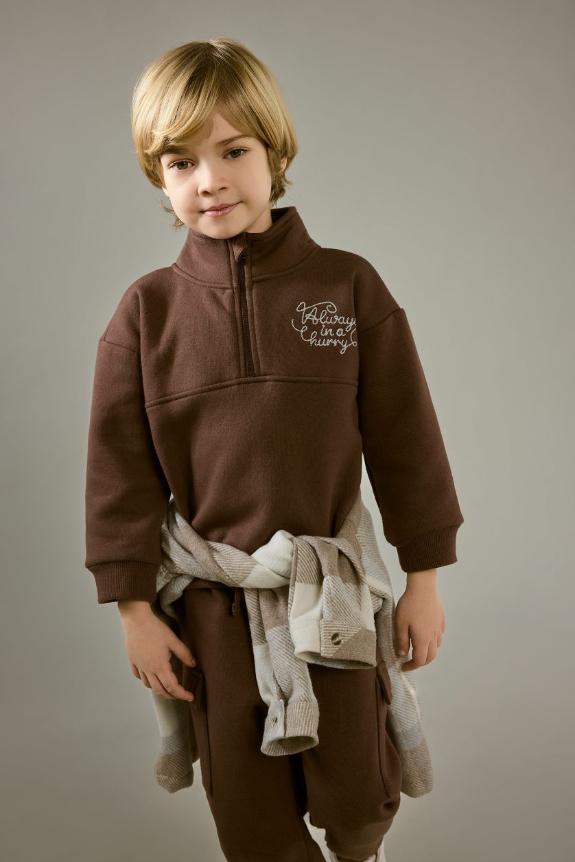 Erkek Bebek Kahve 2'li Takım Baskılı Yarım Fermuarlı Sweatshirt Eşofman Altı Erkek Bebek