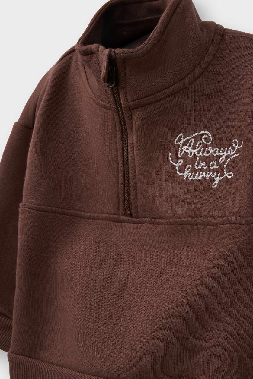 Erkek Bebek Kahve 2'li Takım Baskılı Yarım Fermuarlı Sweatshirt Eşofman Altı Erkek Bebek