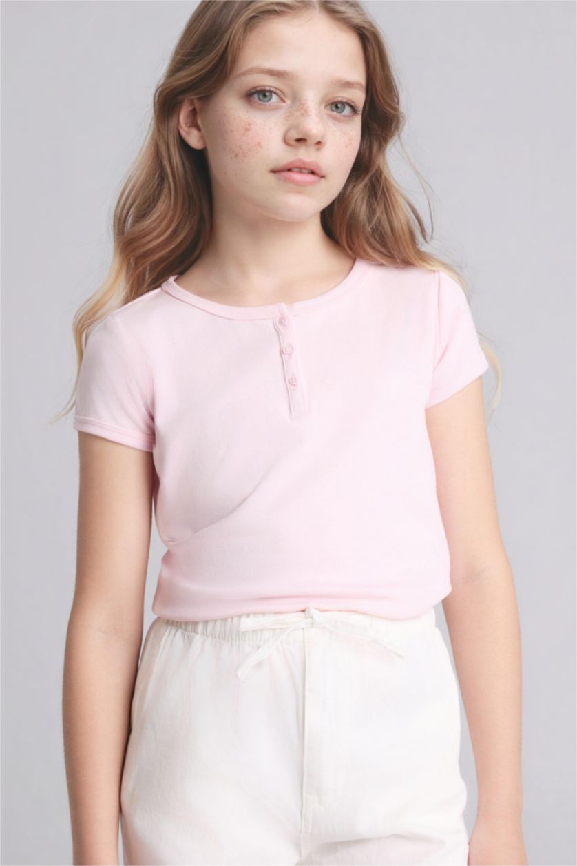 Девочки и подростки Светло-розовый Футболка Slim Fit в рубчик с круглым вырезом и коротким рукавом для девочек