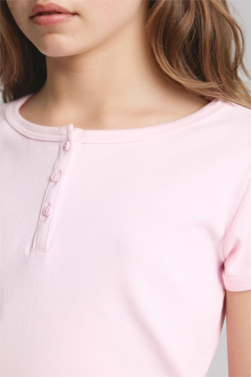 Девочки и подростки Светло-розовый Футболка Slim Fit в рубчик с круглым вырезом и коротким рукавом для девочек