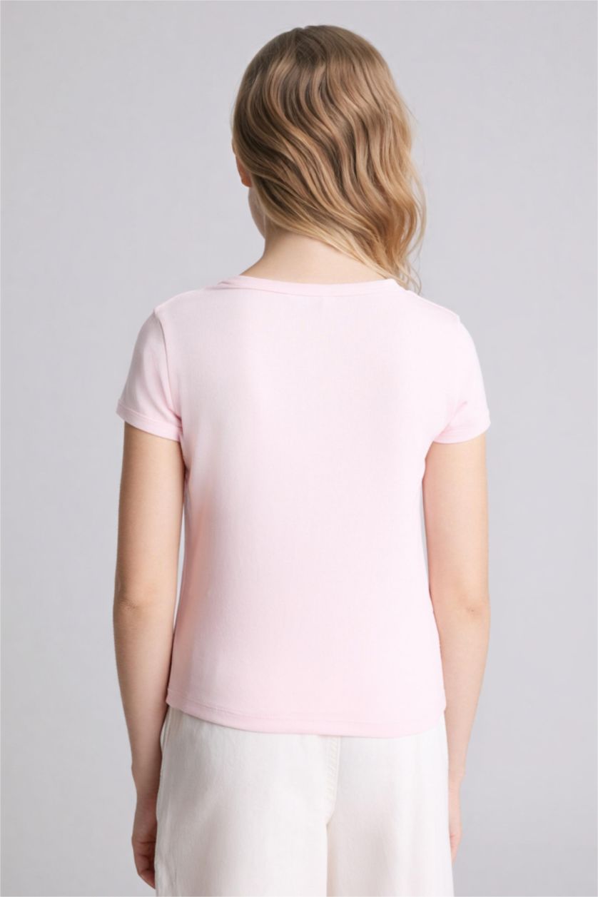 Девочки и подростки Светло-розовый Футболка Slim Fit в рубчик с круглым вырезом и коротким рукавом для девочек