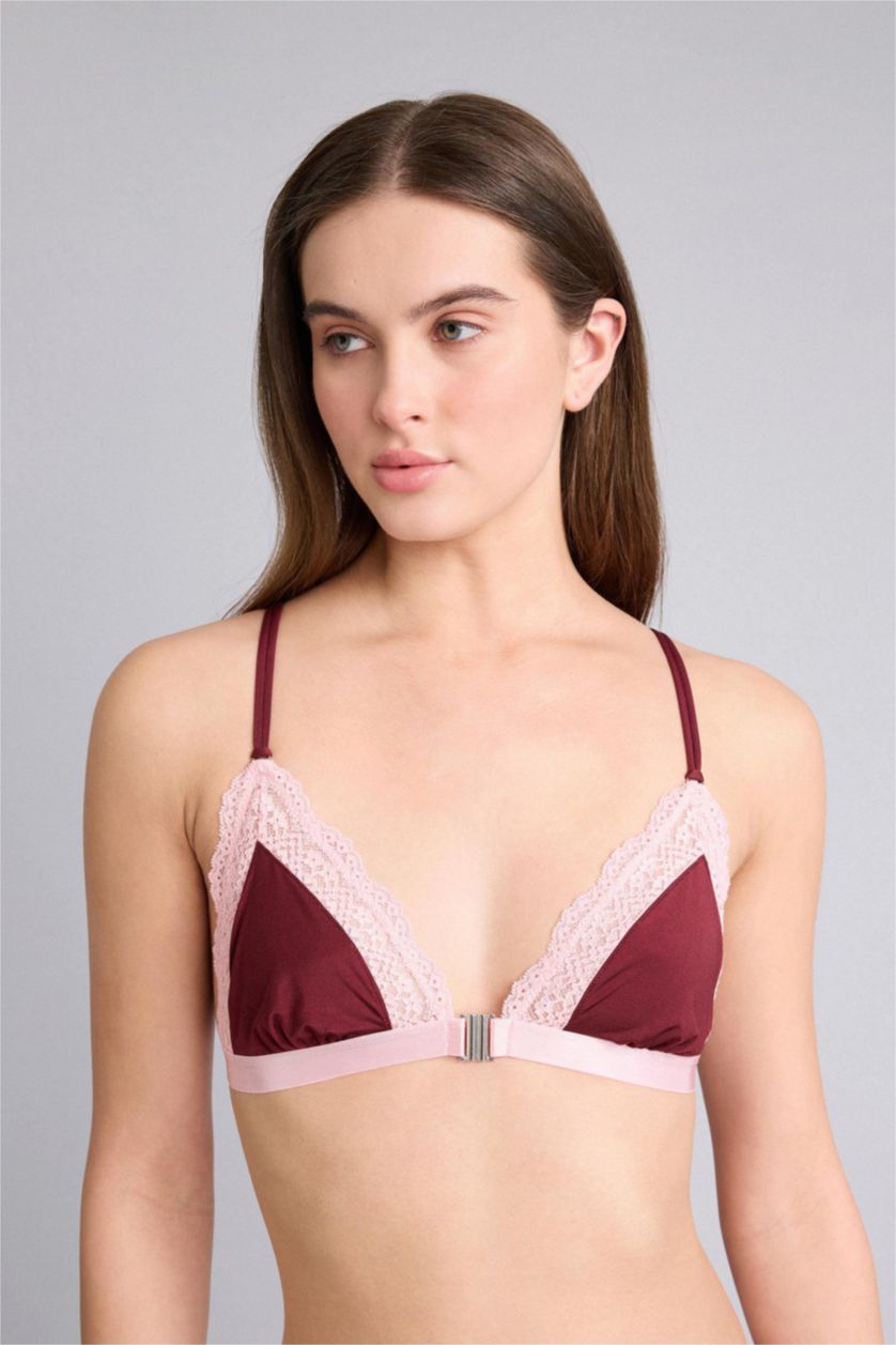 Woman Bordeaux Lace Detail Satin Bra