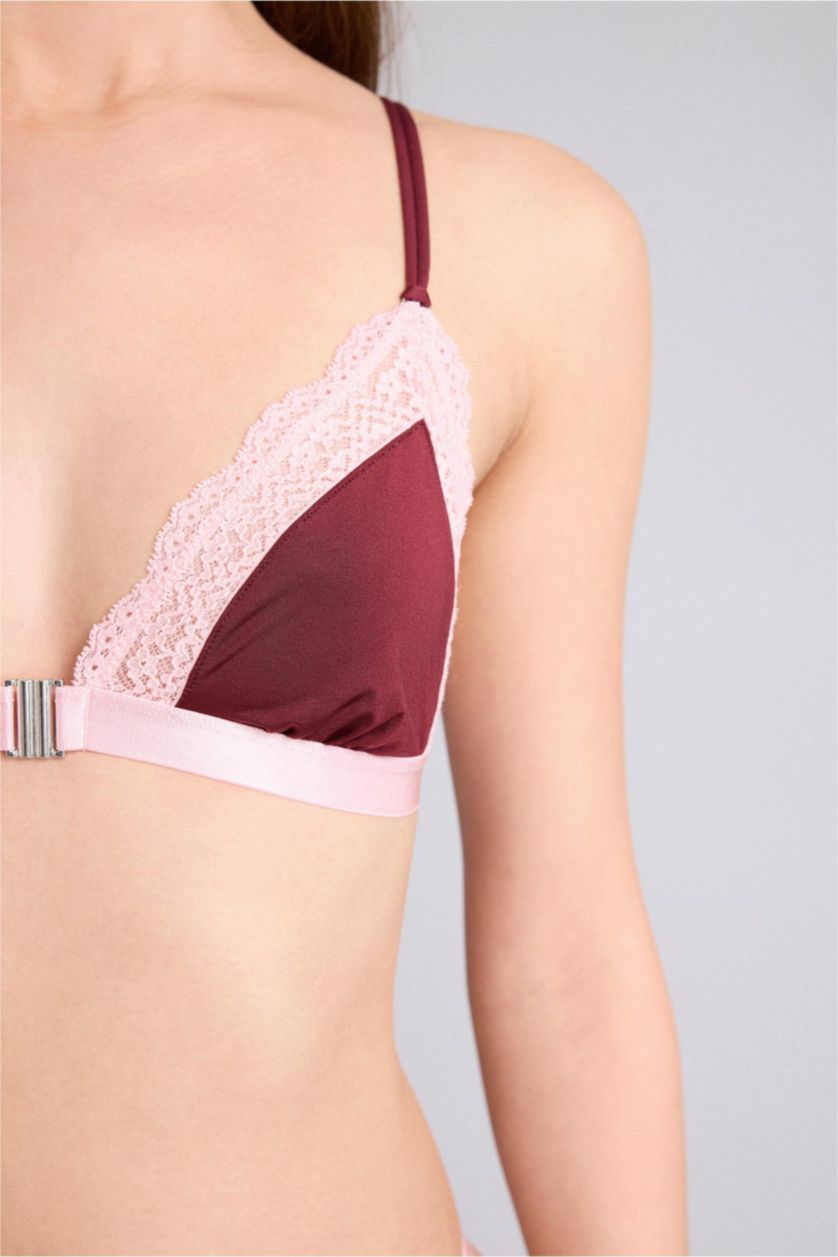 Woman Bordeaux Lace Detail Satin Bra