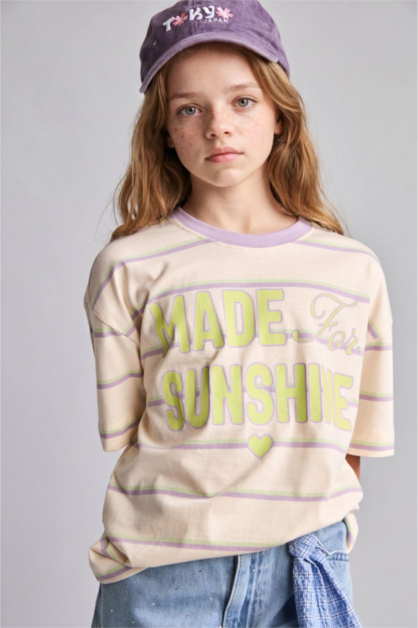 Girls & Teens Green Girl Slim Fit Crew Neck Striped Short Sleeve T-Shirt