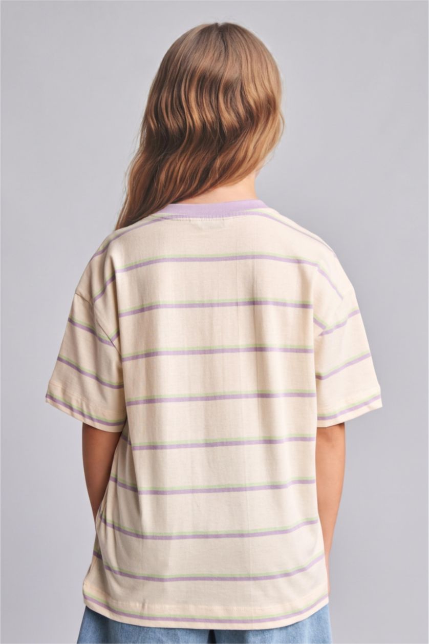 Girls & Teens Green Girl Slim Fit Crew Neck Striped Short Sleeve T-Shirt