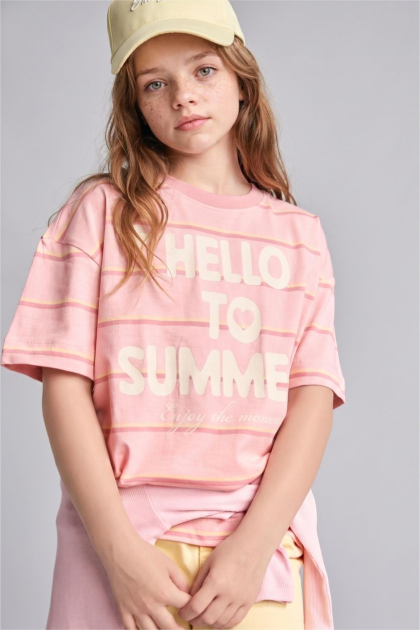 Young Girls - Teen Girls Light Pink Slim Fit Striped Short Sleeve T-Shirt
