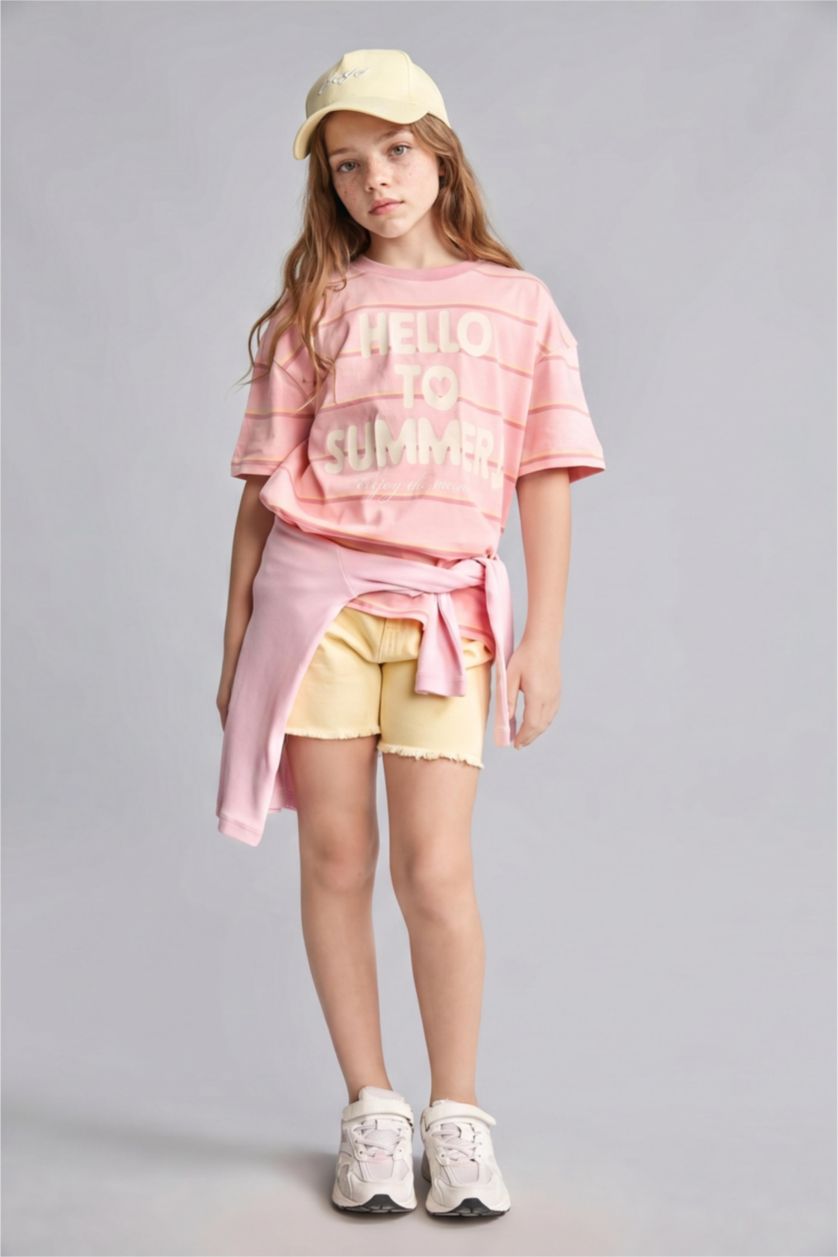 Young Girls - Teen Girls Light Pink Slim Fit Striped Short Sleeve T-Shirt
