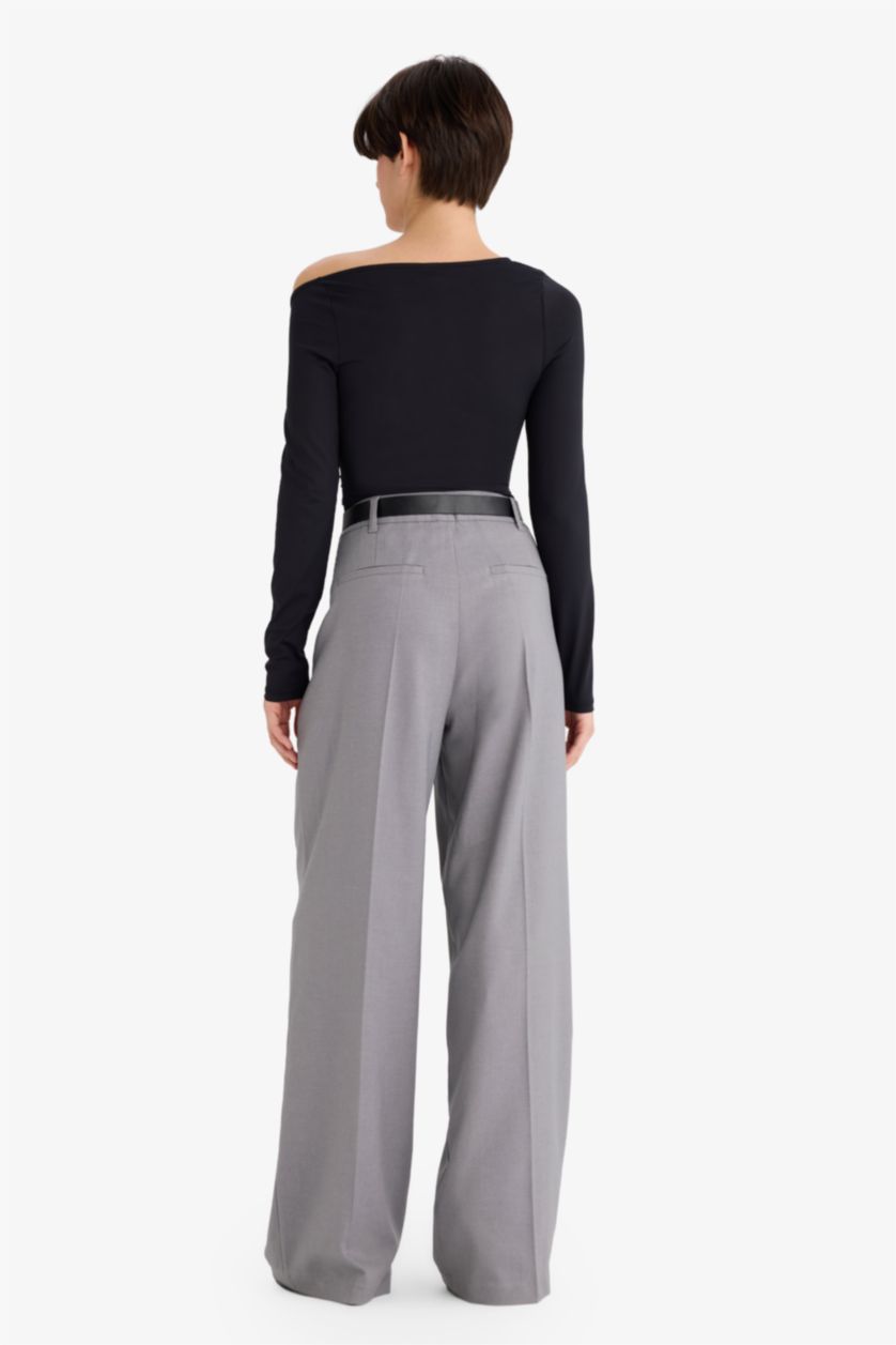 حريمي ميلانج رمادي فاتح بنطلون كروب وايد ليج برجل واسع بجيب وخصر عالي