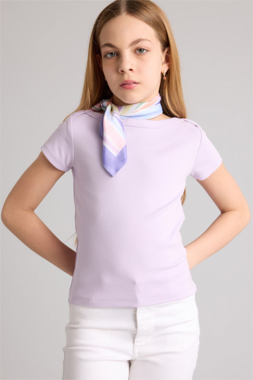 Девочки и подростки Сиреневый Футболка Slim Fit в рубчик с вырезом лодочка и коротким рукавом для девочек