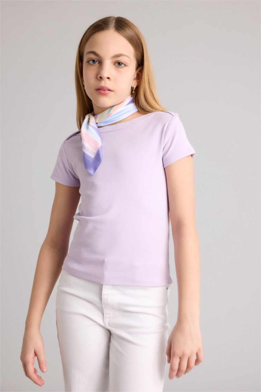 Девочки и подростки Сиреневый Футболка Slim Fit в рубчик с вырезом лодочка и коротким рукавом для девочек