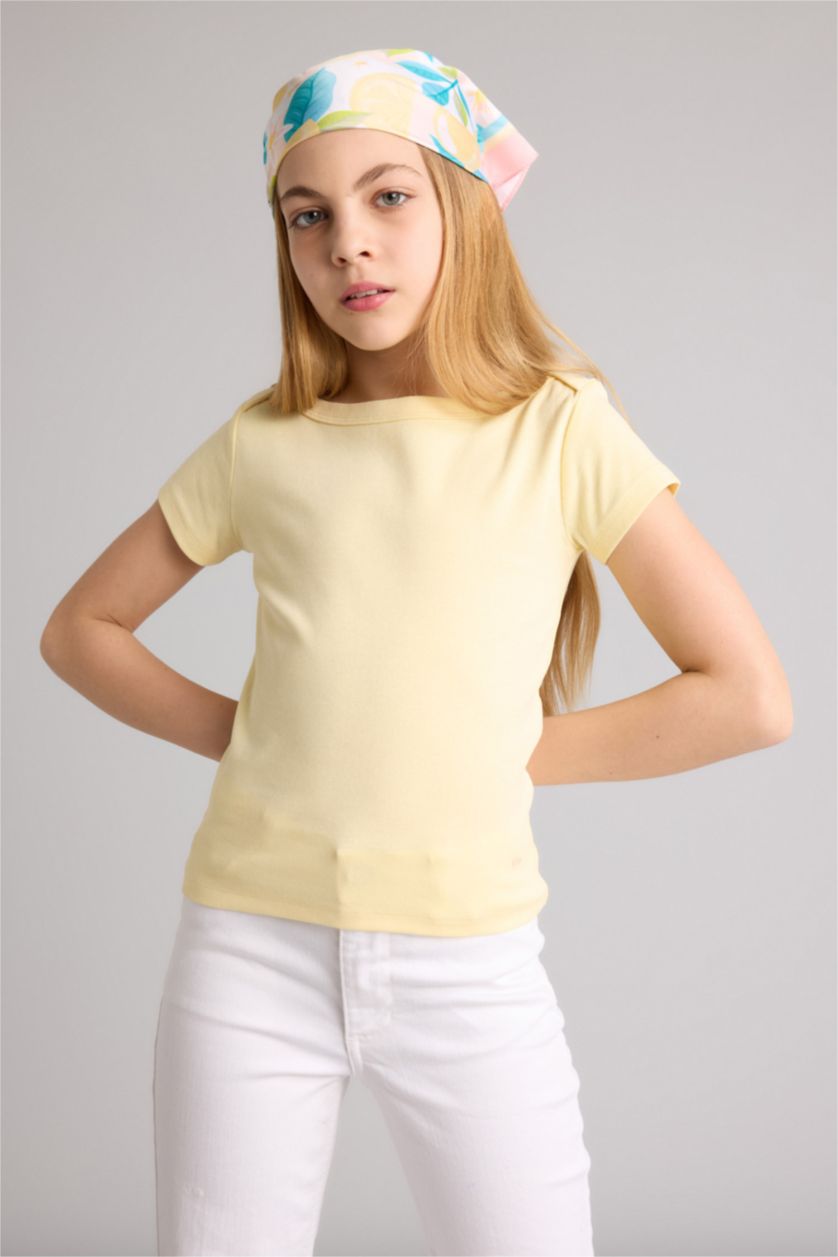 Девочки и подростки Светло-желтый Футболка Slim Fit в рубчик с вырезом лодочка и коротким рукавом для девочек