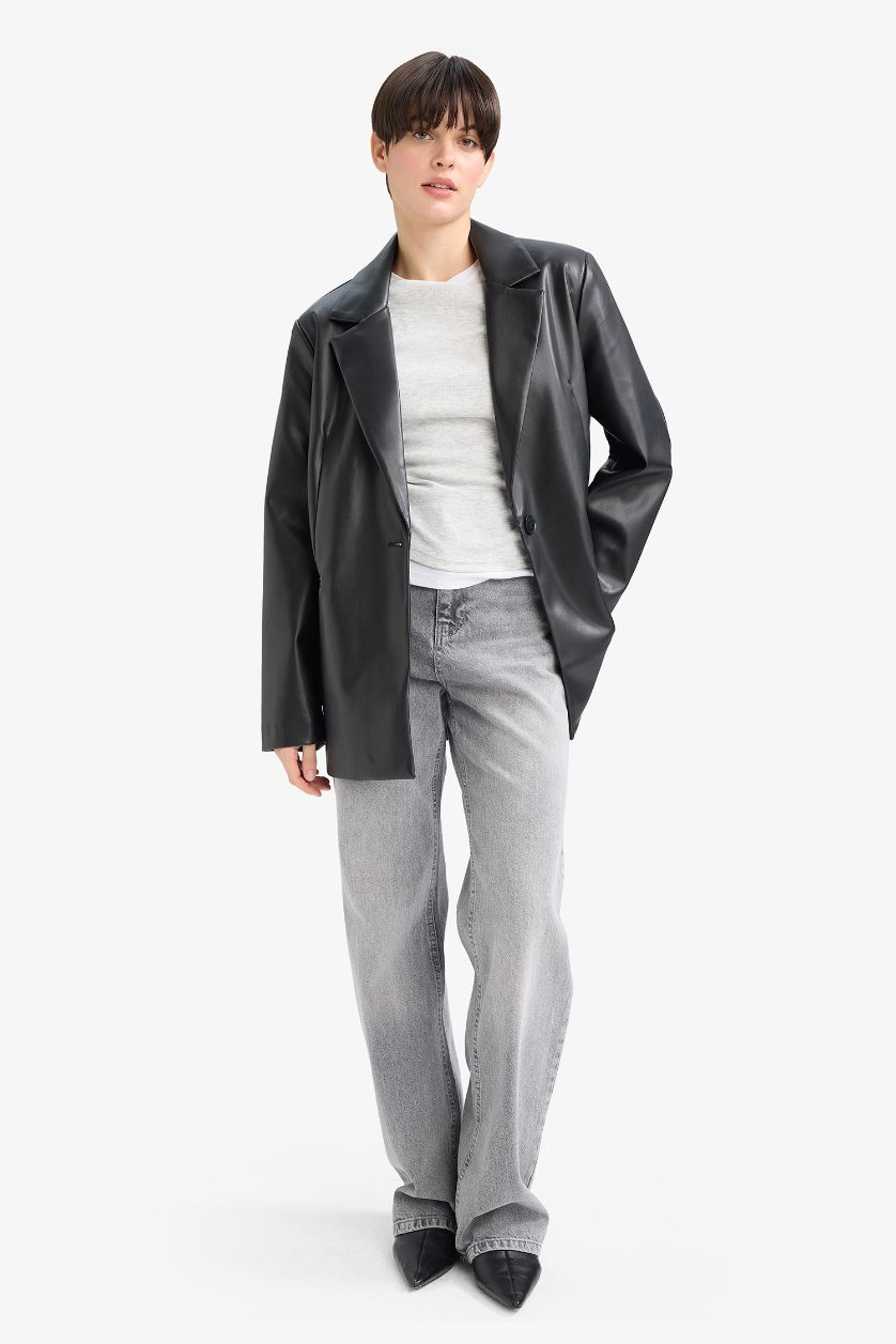 Әйелдерге қара Oversize кең пішімді пиджак жағалы жасанды тері блейзер