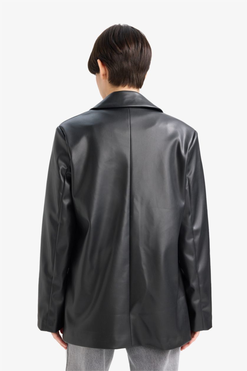 Әйелдерге қара Oversize кең пішімді пиджак жағалы жасанды тері блейзер