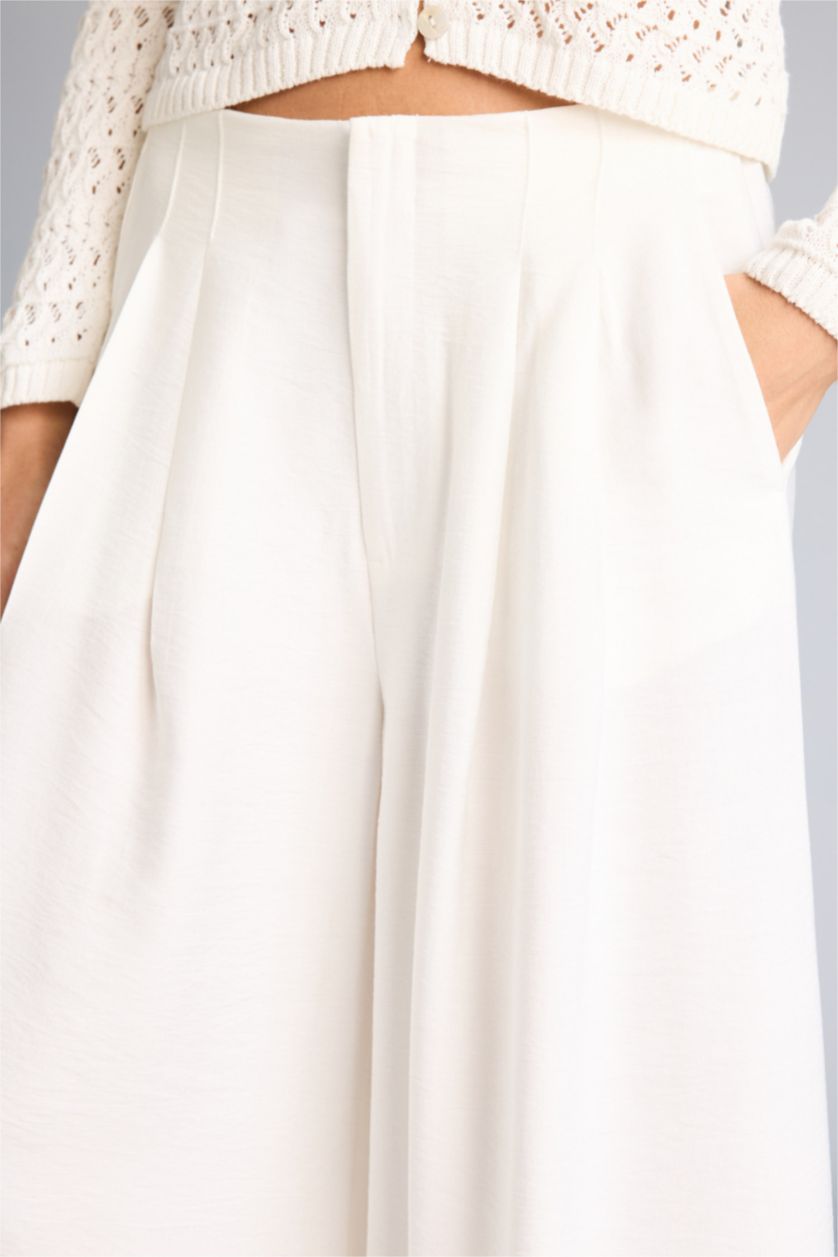 حريمي أبيض بنطلون فيسكوز كولوت فيت شارلستون بجيب وخصر عالي