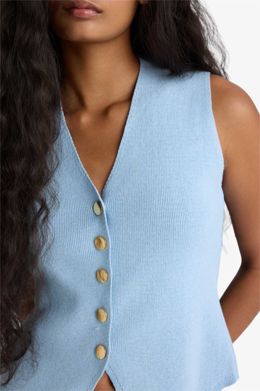 Kadın Mavi Fitted V Yaka Düğmeli Triko Yelek